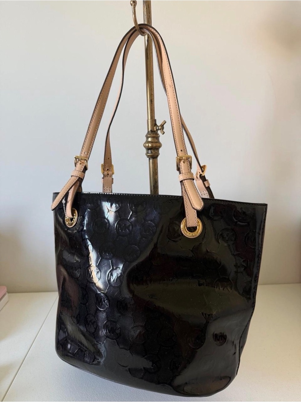 Michael Kors Black Patent Leather Monogram Tote Bag